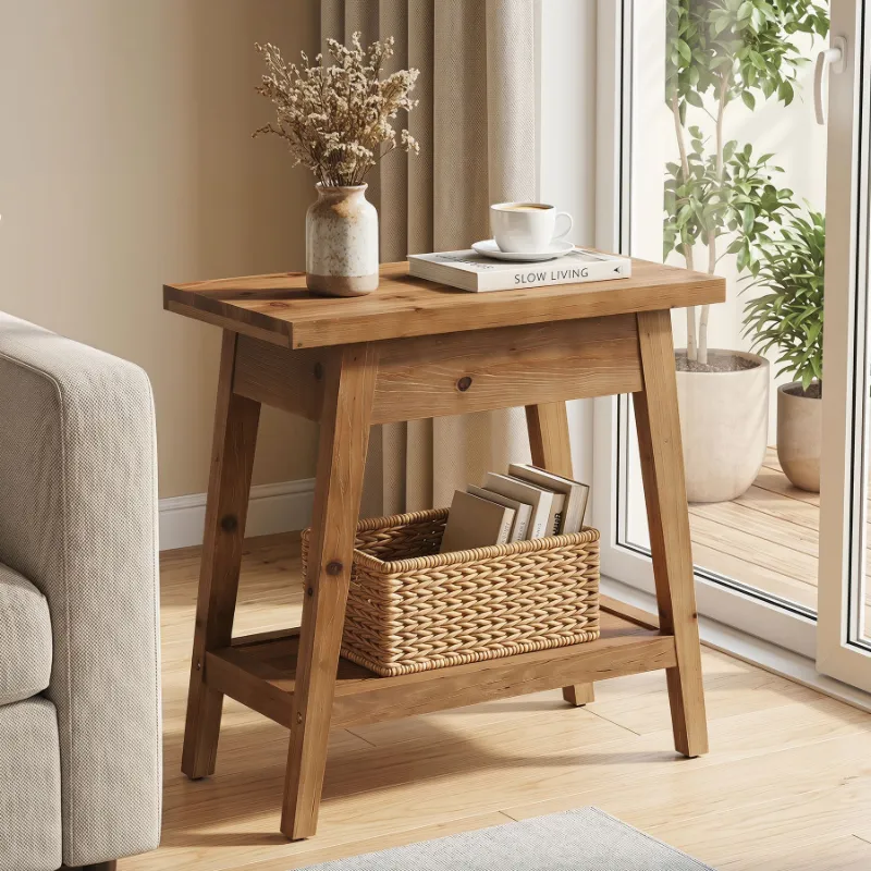 2-Tier Solid Wood End Table, Farmhouse Side Table with Storage for Living Room