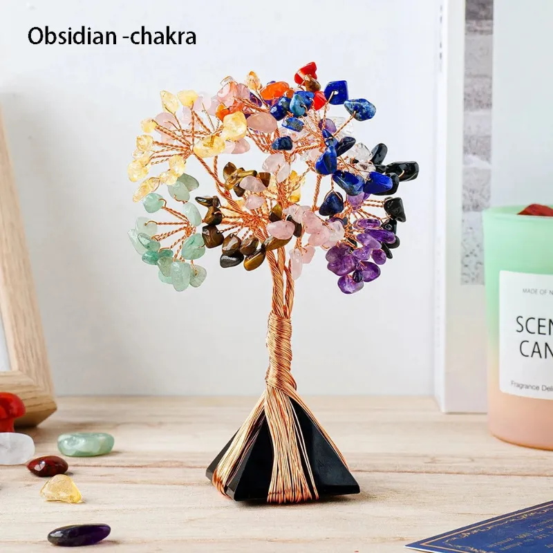 Turix Black Obsidian Chakra Crystal Tree with copper wire branches on square base