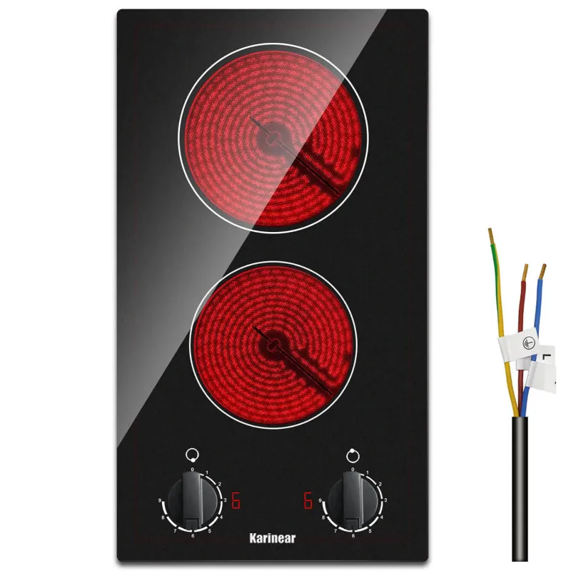 Karinear Appliances 12 Inch 2 Burner Knob Control Electric Radiant Cooktop, black ceramic glass surface with two knobs