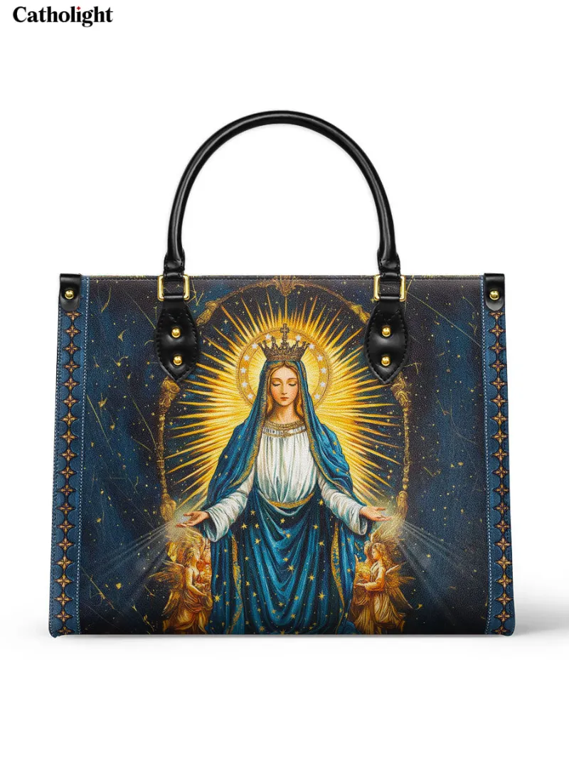 Catholight Celestial Devotion Leather Bag with Blessed Virgin Mary in gold on midnight-blue