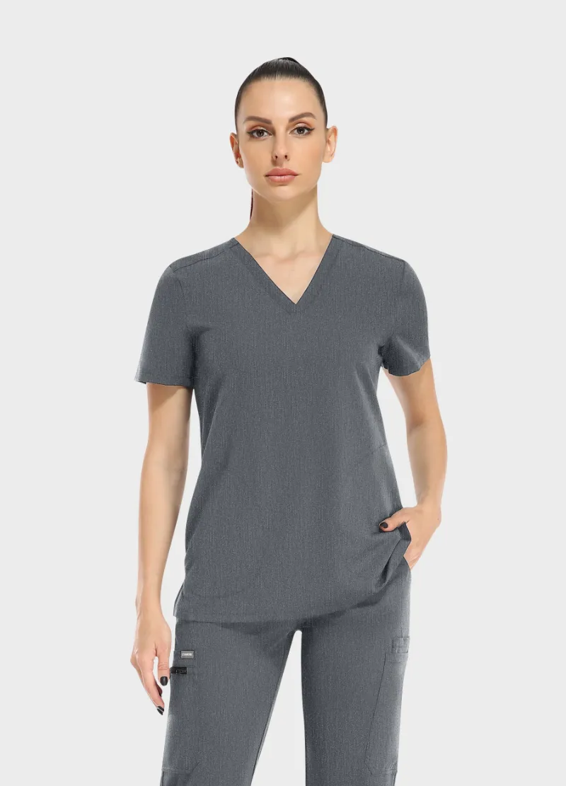 COMENII ElegCare™ Slim Scrub Top Graphite, front view showing slim fit and hidden pocket design