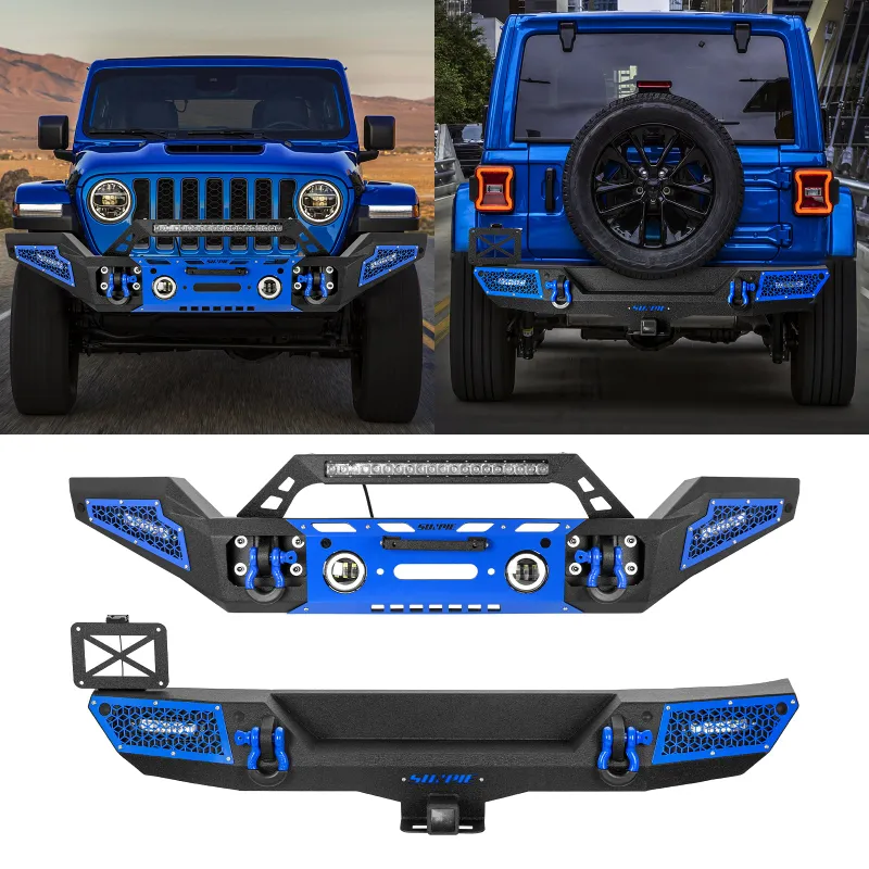 Sunpie All-Terrain Series Front & Rear Bumper Kit for 2018-2026 Jeep Wrangler JL/JLU & 4xe, showing carbon steel bumpers with LED fog lights