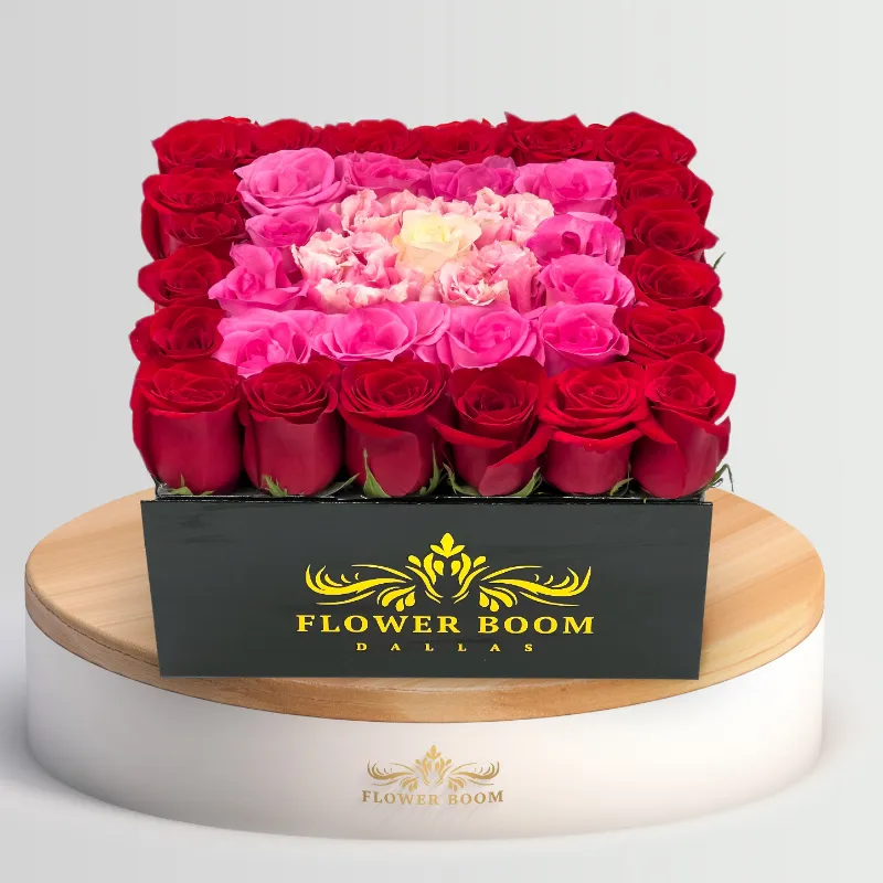Flower Boom Dallas Growing Love arrangement with ombre roses in a box