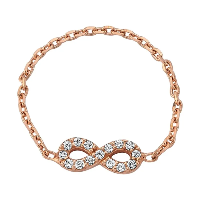 Amorium Jewelry Dainty Infinity Fashion Chain Silver Ring with Crystals showing infinity charm on chain band