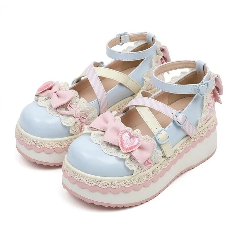Shoptery Fairy Kei Sweet Lace Bow Heart Platform Mary Jane Shoes with strawberry accents