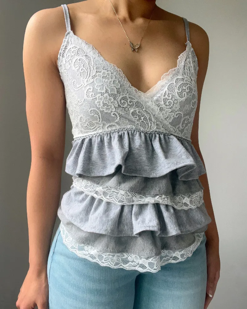 Bit By Angie Gray & white lace trim ruffle tank (S/M) - handmade cotton v-neck lace trim tank with alternating lace ruffles