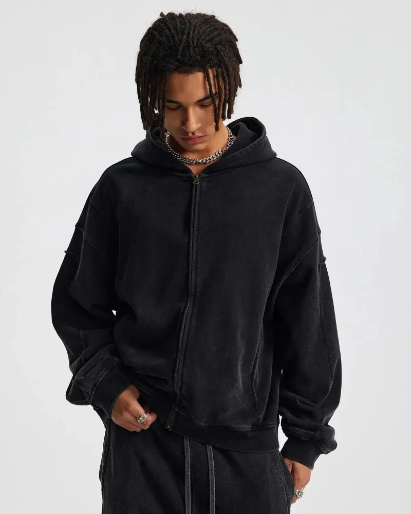 INFLATION Acid Wash Stitching Zip Up Hoodies in heavyweight French terry with distressed wash finish
