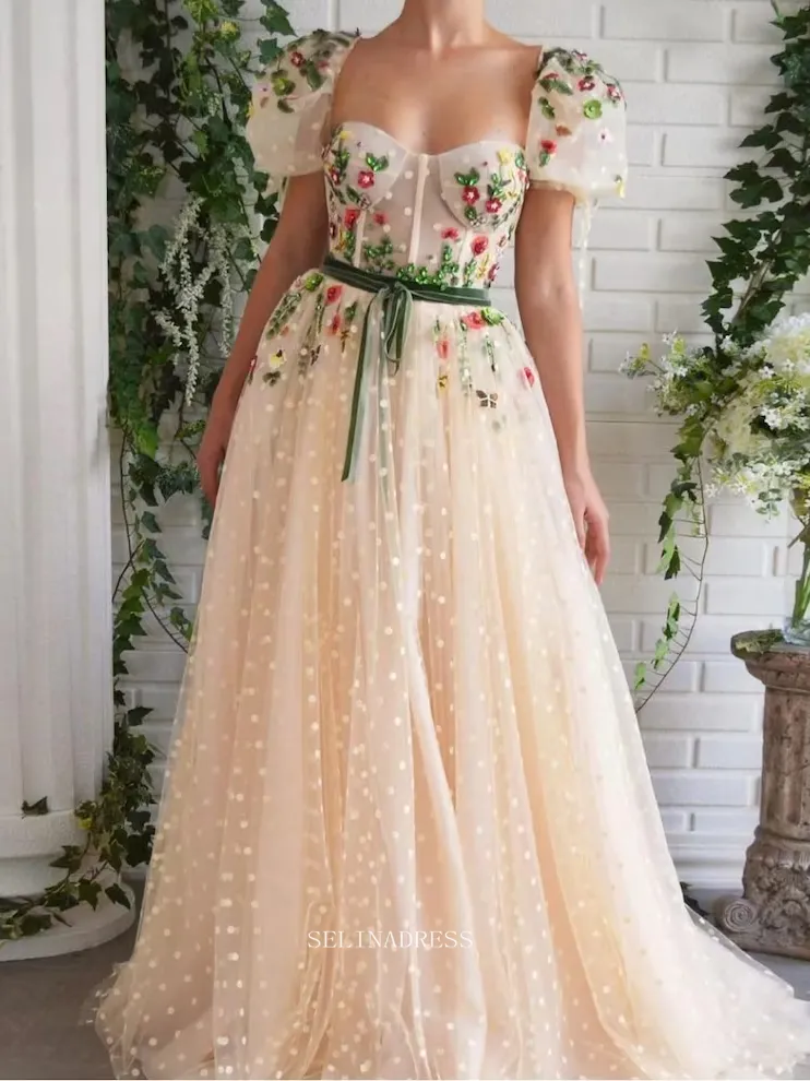 Selinadress A-line Cream Colorful Floral Prom Dress with embroidered puff sleeves and tulle skirt