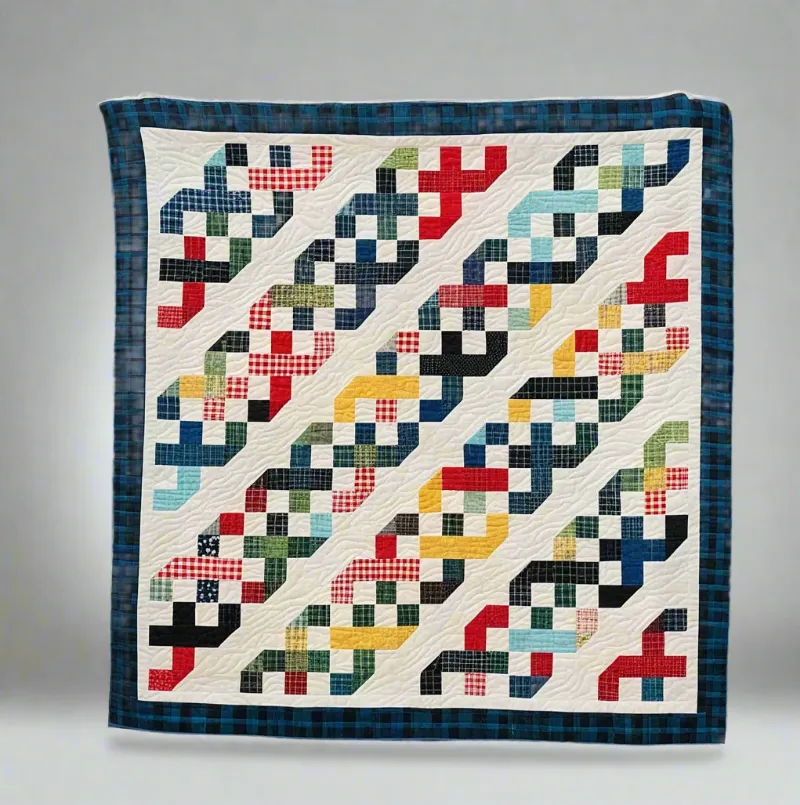 Boho Blanket Interwoven Memories Quilt Pattern showing a large interwoven quilt in layered fabrics