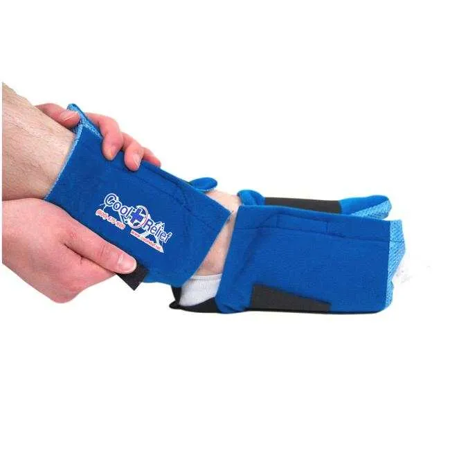 Cool Relief Soft Gel Foot Ice Wrap on a foot showing the compression wrap and straps