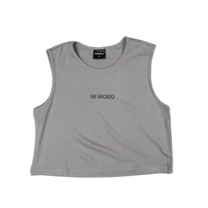 Nimodo Training Crop Top in Smoke Grey with elegant Ni Modo text