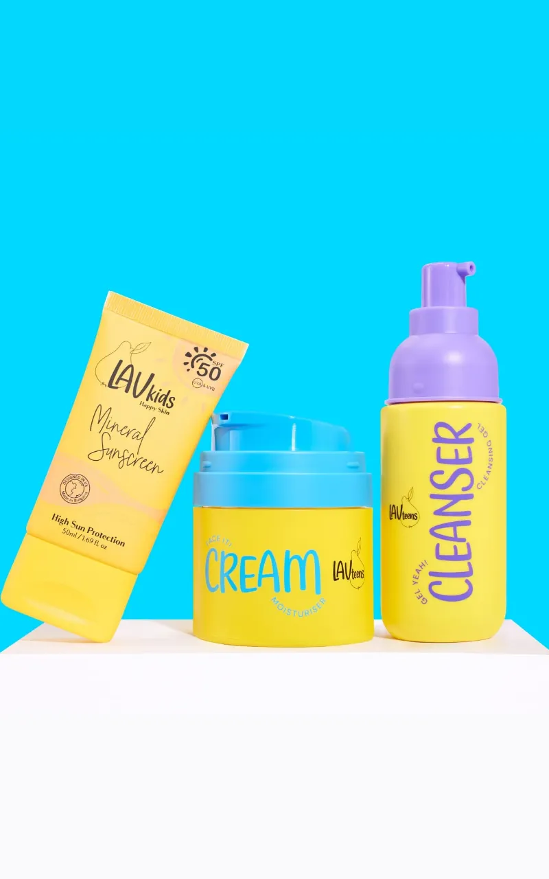 Lav Kids Glow & Go Kit with cleanser, moisturiser and SPF50 sunscreen