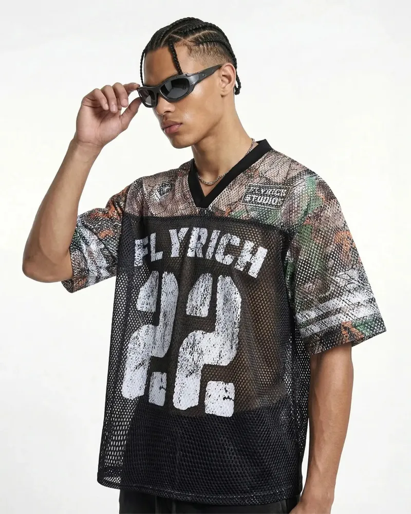 INFLATION Camo Mesh Digital Print Jersey Tee in camouflage pattern with breathable mesh construction