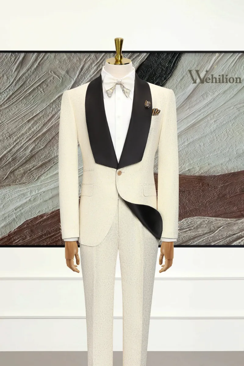 Wehilion Men's Beige Shawl Lapel Party 2 Piece Suits, beige suit with black satin lapels