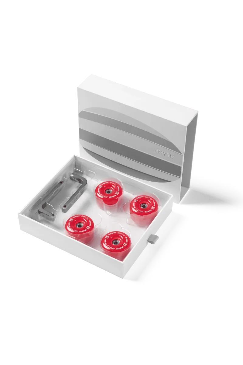 4MYTU Palette Wheels in Cherry Red showing wear-resistant PU material and dual bearings