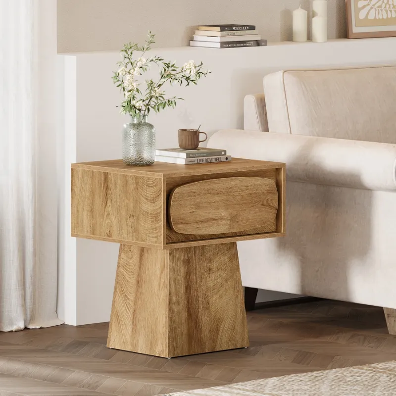 Tribesigns 21.6-inch End Table with storage drawer in natural wood and black finish