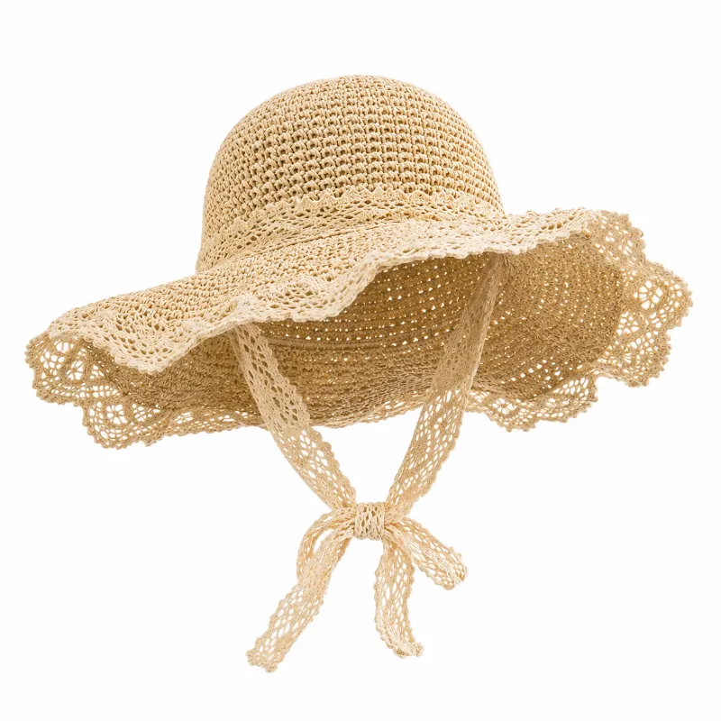 Cottagecore Clothes Cottagecore Crochet Lace Wide Brim Sun Hat with scalloped edge and chin ties