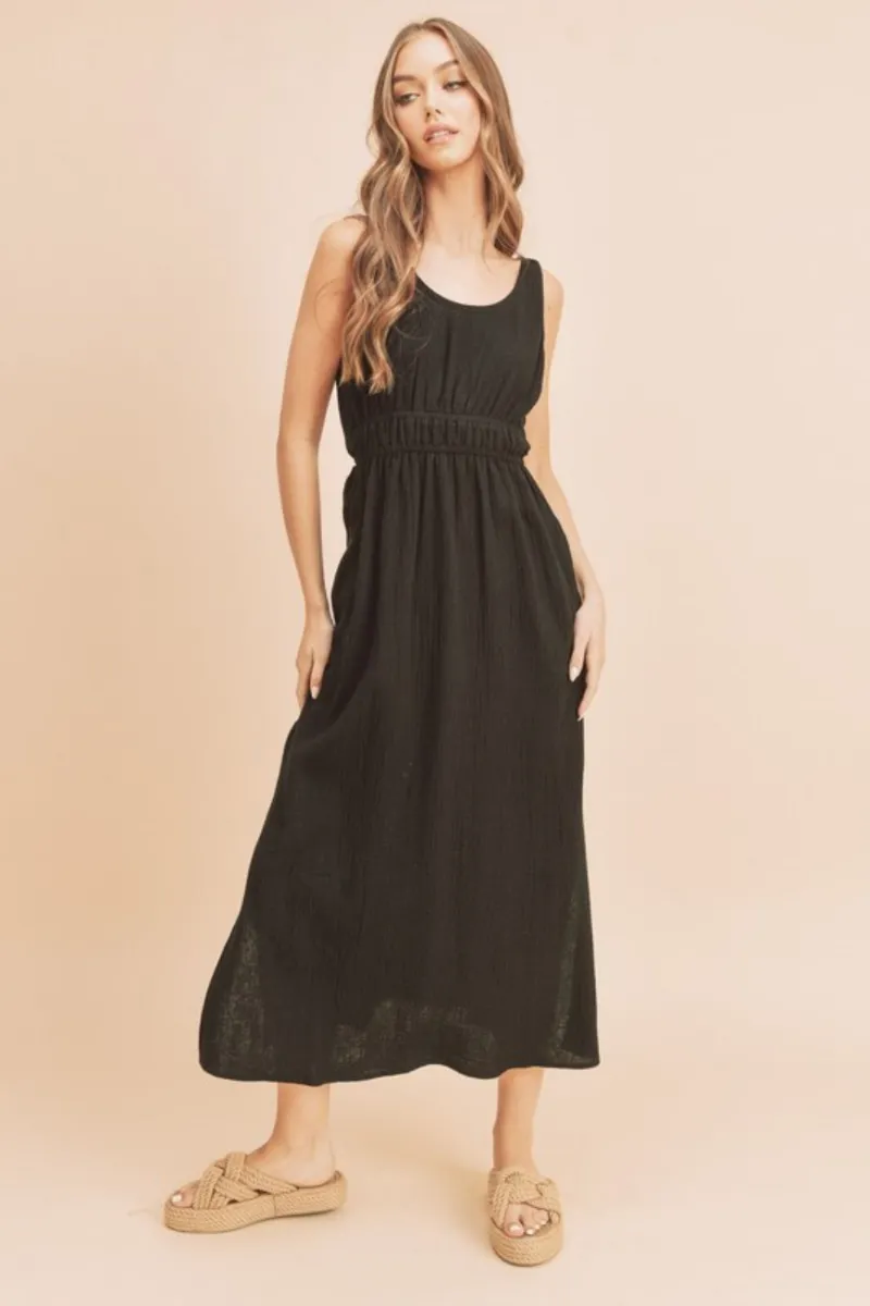 BIANKINA Side Slit Round Neck Sleeveless Tank Dress in black with side slits