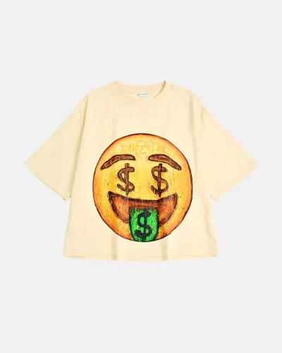 INFLATION Boxy Smile Graphic T-Shirt in cream with large distressed money smiley print on front