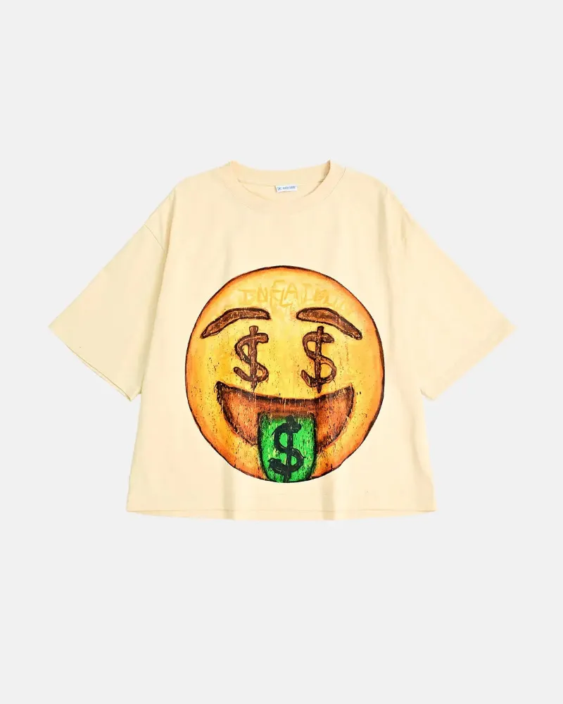 INFLATION Boxy Smile Graphic T-Shirt in cream with large distressed money smiley print on front