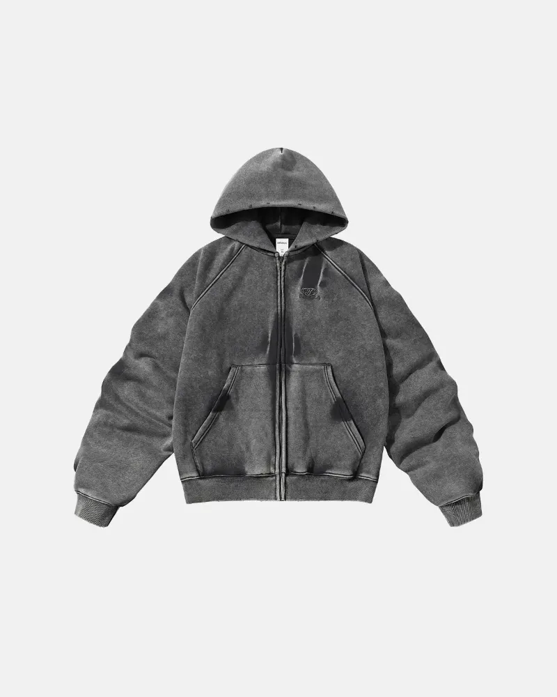 INFLATION Acid Washed Embroidery Zip Up Hoodies with drawstring sleeves and distressed finish