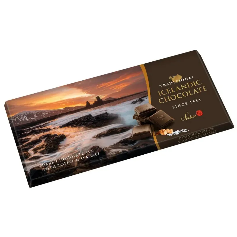 Nammi 45% Dark Traditional Icelandic Chocolate with Toffee & Sea Salt bar in landscape wrapper