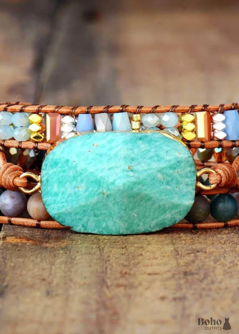 Boho Bracelet 3 Layers Leather Wrap Bracelet, Natural Blue Stone, shown on a plain background