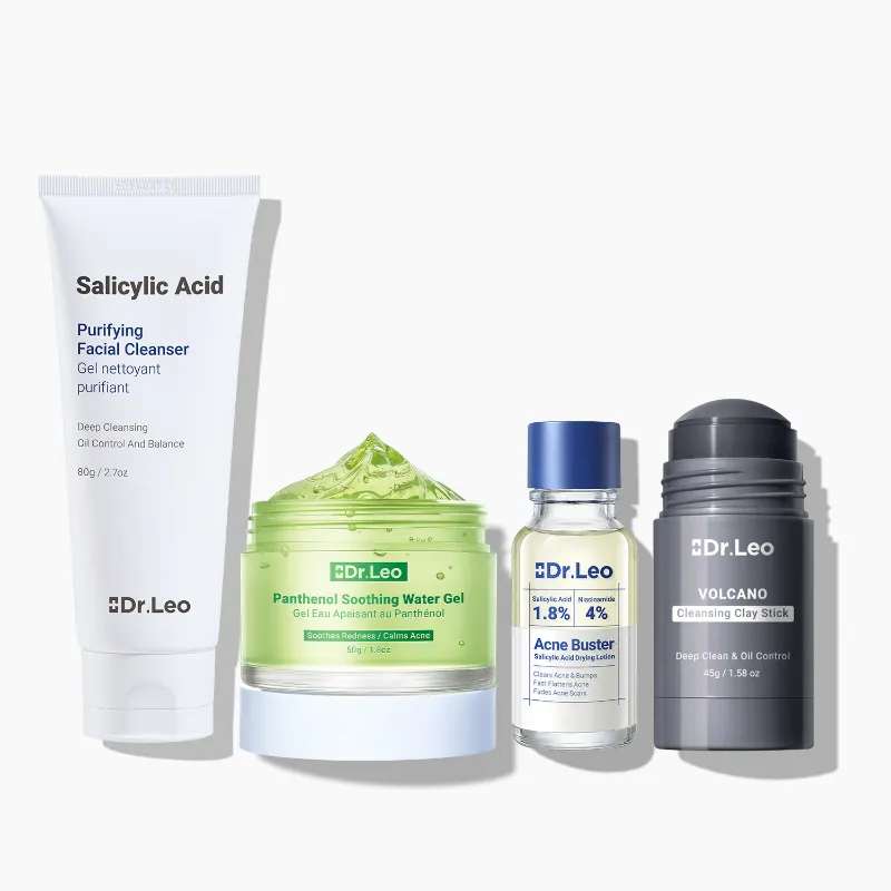 Dr Leo 4-Step Acne Relief and Cleansing Clay Stick and Hydration Kit bundle with four products