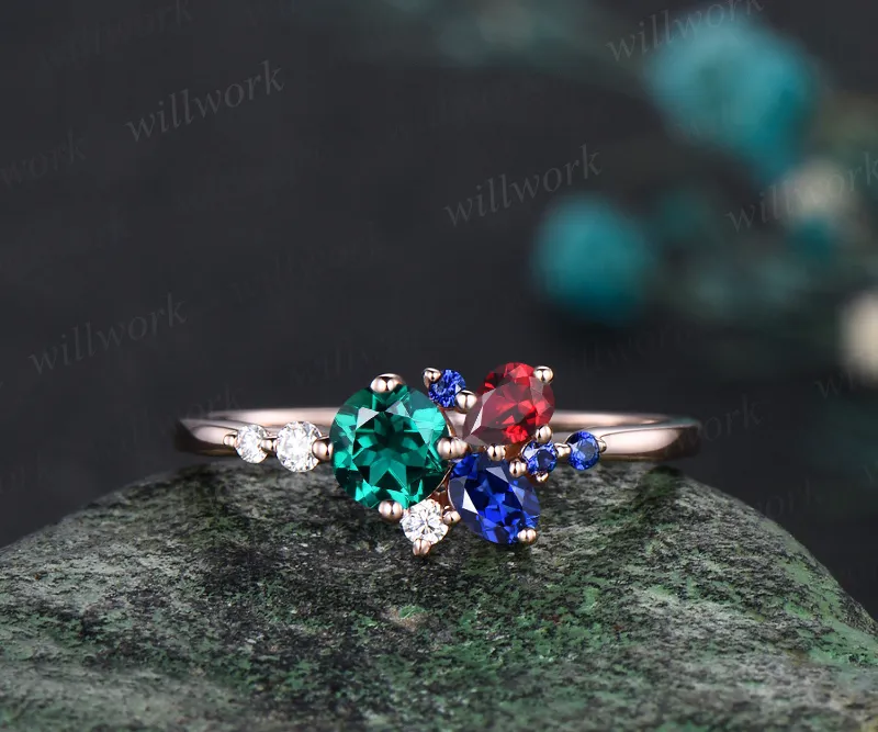 WillWork Jewelry 14K Gold mixed stone cluster ring with lab emerald ruby and sapphire