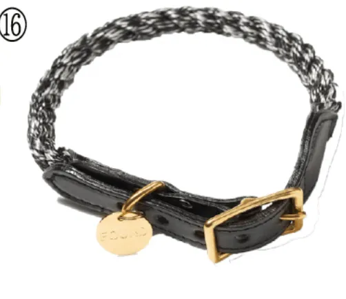 Found My Animal black and white upcycled rope and leather dog collar with brass FOUND tag