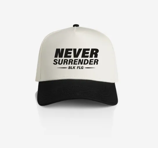 BLK FLG Never Surrender Cap shown from front, bold logo on structured cap