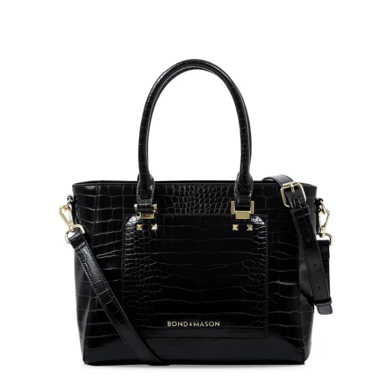 Bond & Mason The Harley Tote Bag showing tall vegan leather tote bag with silver-tone hardware