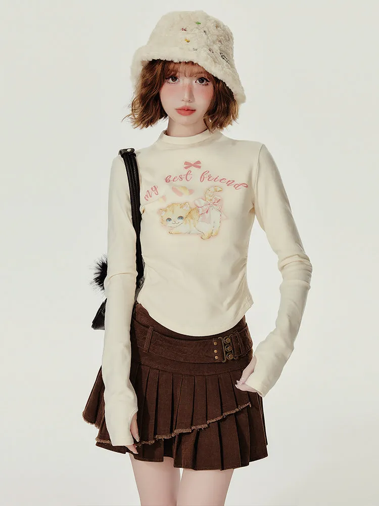 Juwas American Cat Print Small High-Neck Long-Sleeve Spring/Autumn T-Shirt model wearing the fitted high-neck top