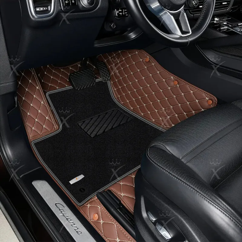 Luxus Car Mats Double Layer floor mats in chocolate brown and black, diamond stitching detail