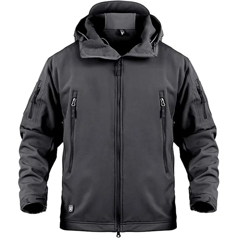 Falour Men's Softshell Outdoor Utility Jacket in waterproof and windproof fabric with hood and multiple pockets