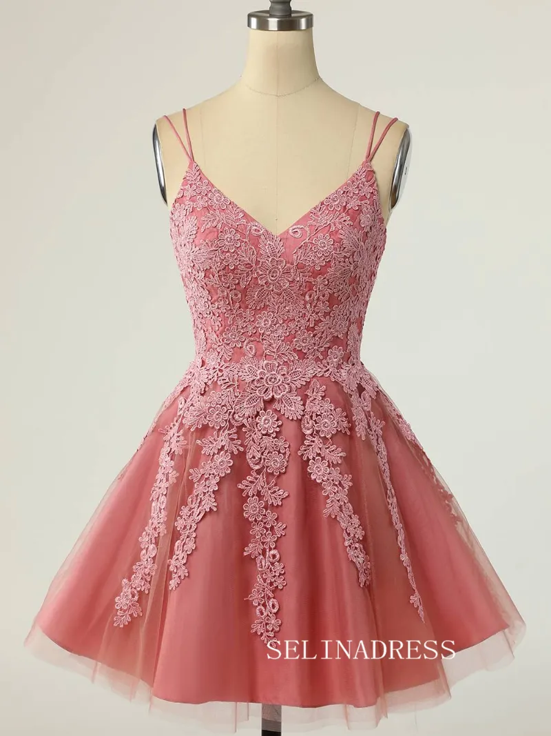 Selinadress A-Line Double Straps Short Homecoming Dress with Appliques, tulle dress with lace detail
