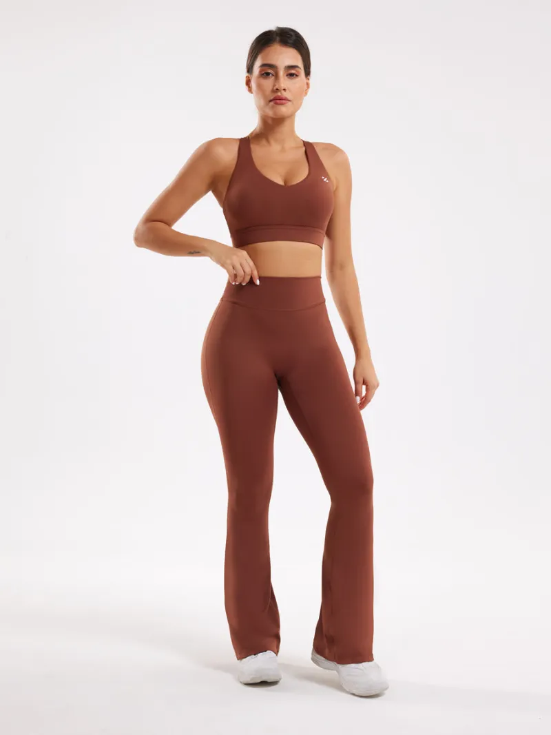 Zuluzenith Brown Workout Two Piece Outfits Flare Pants Tracksuit Sets, brown sports bra and flare pants
