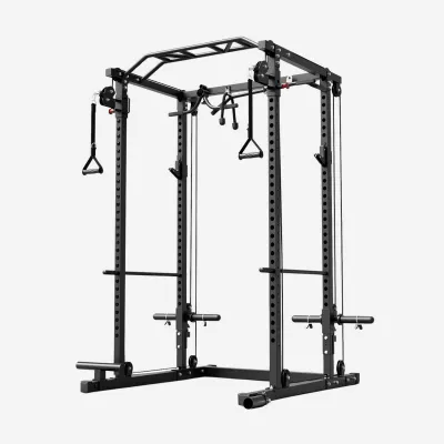 GMWD Fitness Power Rack with Functional Trainer PC00 showing full cage with dual cable pulley system