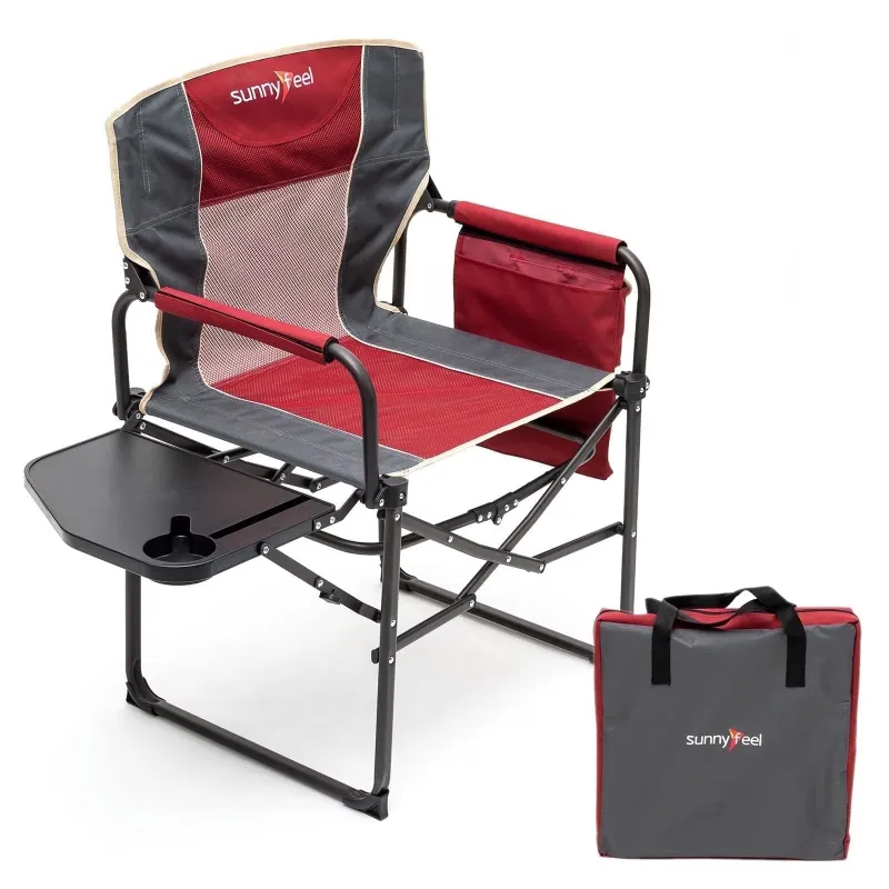 SunnyFeel Outdoor Sunnyfeel Folding Camping Chair with Side Table, red mesh with cup holder