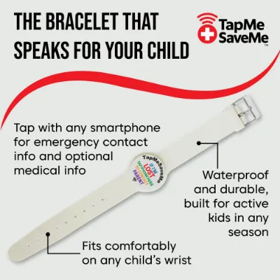 TapMeSaveMe NFC Emergency Child Safety Bracelet showing soft adjustable wristband on a table.