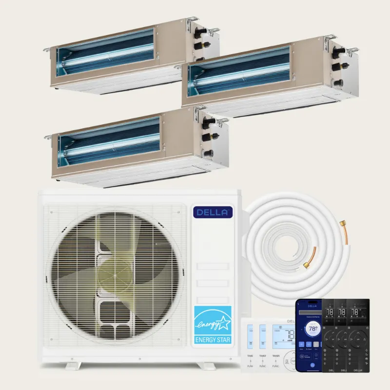 Della Home 27000 BTU tri-zone concealed ducted mini split heat pump with hidden ceiling installation