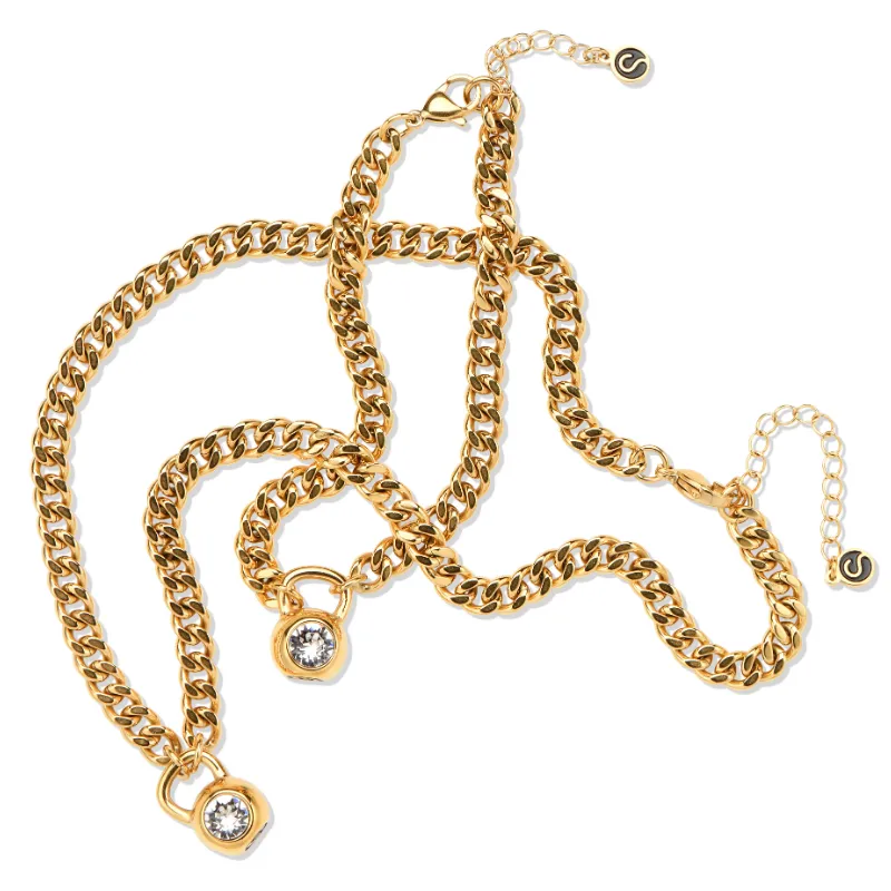 Sleek Fit Jewelry KRATOS SET - GOLD, matching 6mm Miami Cuban link necklace and bracelet with clear Swarovski crystal finish