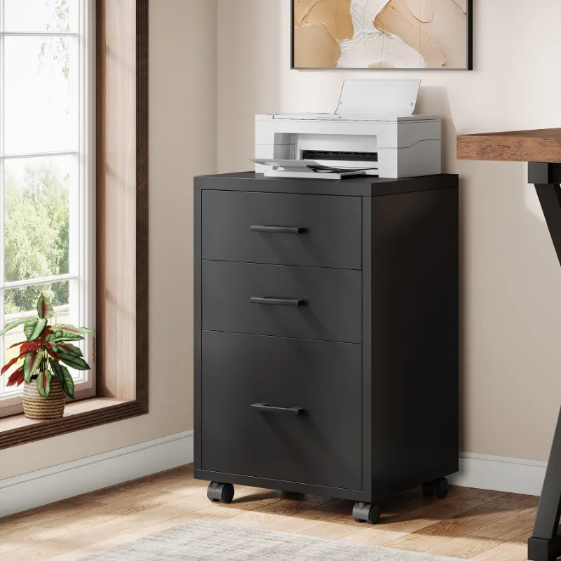 Tribesigns 3-Drawer File Cabinet rolling printer stand with rustic brown panels and black metal frame