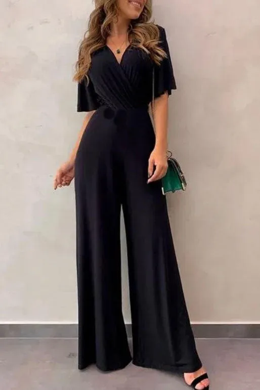 Mislish Black Short Sleeves V-neck Jumpsuit, full-length front view showing wide legs
