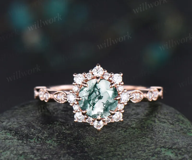 WillWork Jewelry 1ct round cut green moss agate engagement ring solid 14k rose gold halo snowdrift milgrain diamond promise ring unique wedd