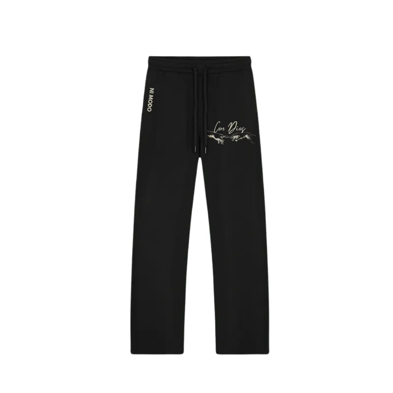 Nimodo Con Dios Sweatpants in Midnight Black showing straight-leg fleece sweatpants