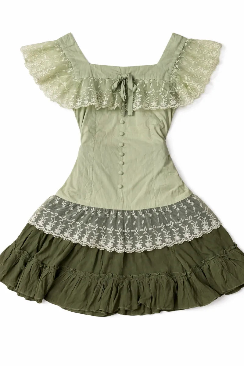 Cottagecore Clothes Dark Cottagecore Sage & Shadow Lace Corset Dress, sage and forest green two-piece corset dress with lace details