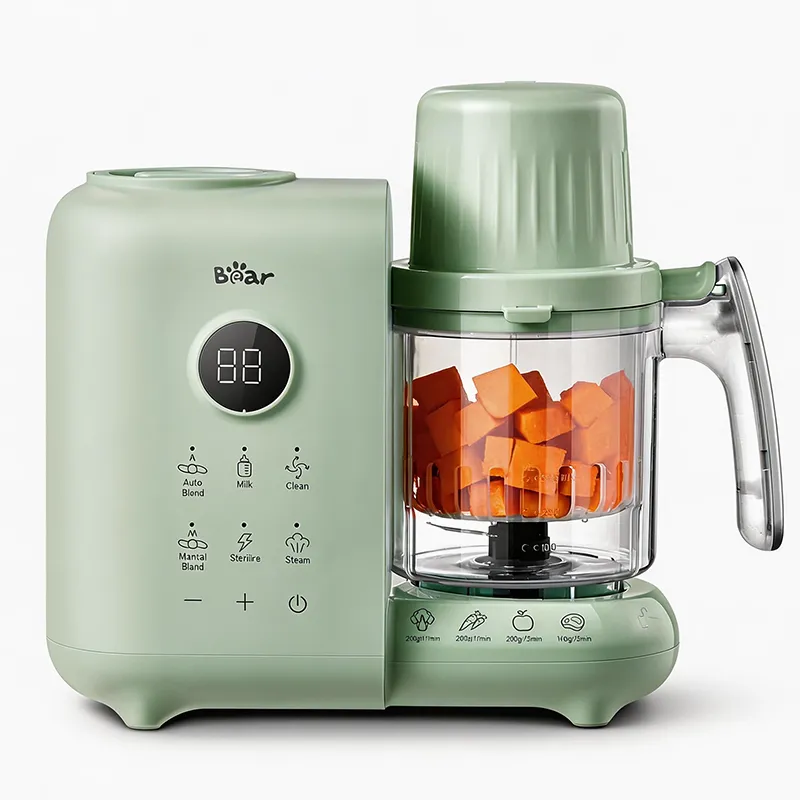 Bearforbaby Bear Baby Food Maker with 18.5oz Dual-Layer Steam Baskets, white unit with glass blending cup