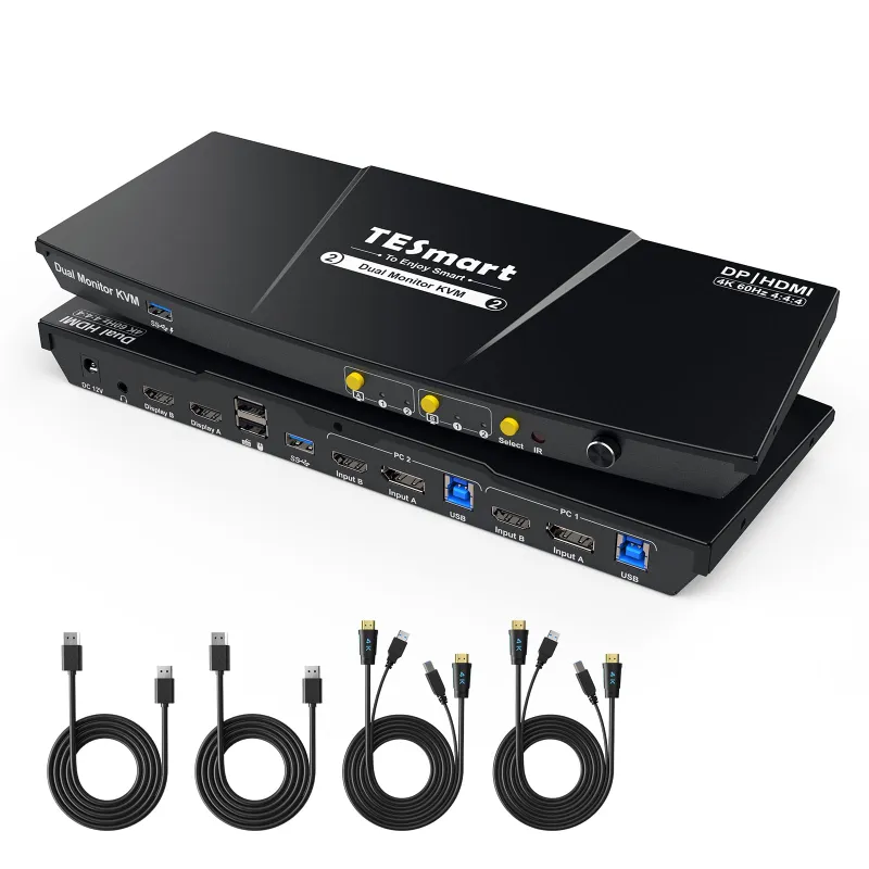 TESmart 2 Port Dual Monitor KVM Switch Kit HDMI+DP 4K60Hz with USB 3.0 Docking Station