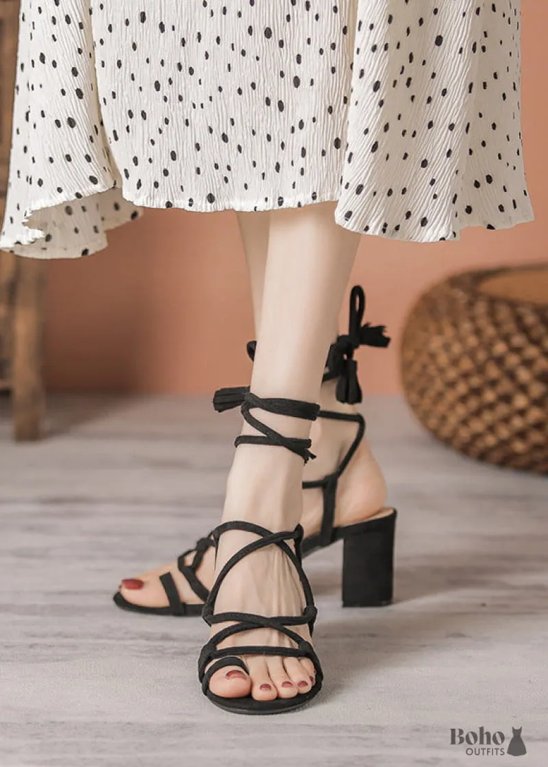 Boho Dress 2024 Chunky Heel Square Toe Cross Strap High Heel Sandals in black or tan